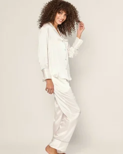Women Petite Plume Women's Silk Pajama Set in White with Periwinkle Piping