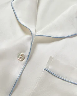 Women Petite Plume Women's Silk Pajama Set in White with Periwinkle Piping