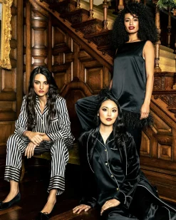 Women Petite Plume Women's Silk Pajama Set in Black and White Bengal Stripe