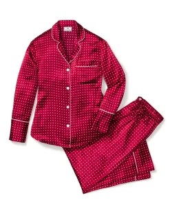 Women Petite Plume Women's Silk Pajama Set in Bordeaux Polka Dot