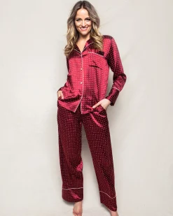 Women Petite Plume Women's Silk Pajama Set in Bordeaux Polka Dot