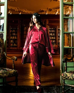 Women Petite Plume Women's Silk Pajama Set in Bordeaux Polka Dot