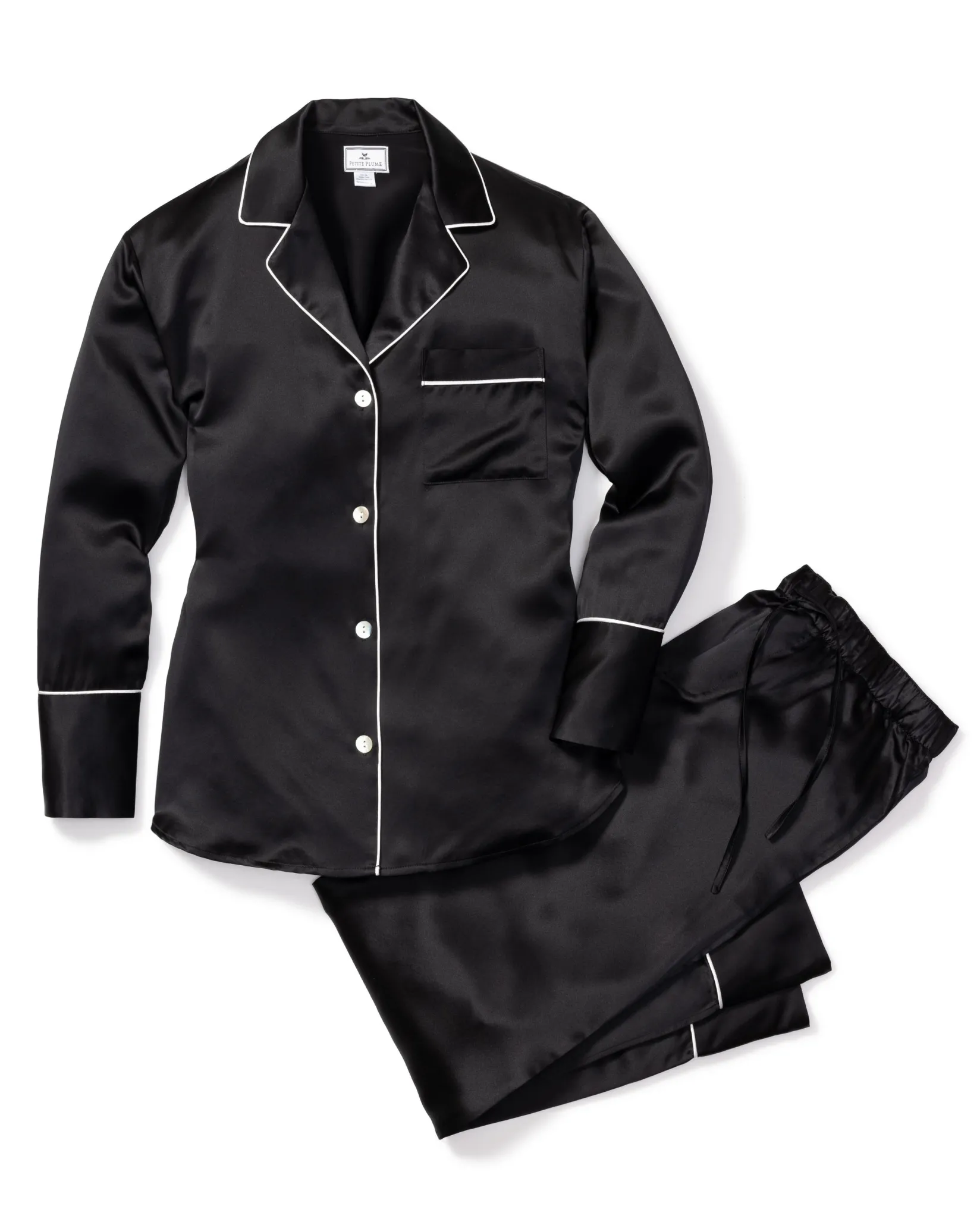 Women Petite Plume Women's Silk Pajama Set in Black