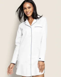 Women Petite Plume Women's Twill Nightshirt in White with Navy Piping