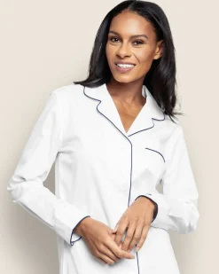 Women Petite Plume Women's Twill Nightshirt in White with Navy Piping