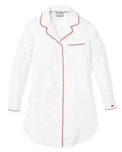 Women Petite Plume Women's Twill Nightshirt in White with Navy Piping