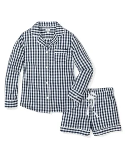 Women Petite Plume Women's Twill Pajama Long Sleeve Short Set in Navy Gingham