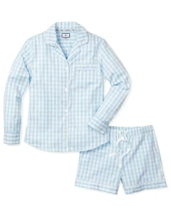 Women Petite Plume Women's Twill Pajama Long Sleeve Short Set in Light Blue Gingham