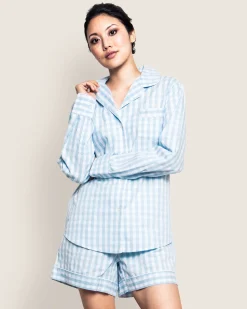 Women Petite Plume Women's Twill Pajama Long Sleeve Short Set in Light Blue Gingham