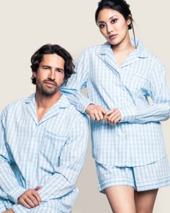 Women Petite Plume Women's Twill Pajama Long Sleeve Short Set in Light Blue Gingham