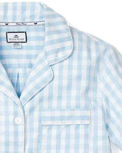 Women Petite Plume Women's Twill Pajama Long Sleeve Short Set in Light Blue Gingham