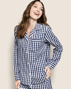 Women Petite Plume Women's Twill Pajama Long Sleeve Short Set in Light Blue Gingham