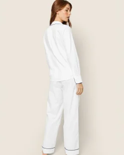 Women Petite Plume Women's Twill Pajama Set in White with Navy Piping