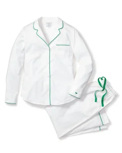 Women Petite Plume Women's Twill Pajama Set in White with Green Piping
