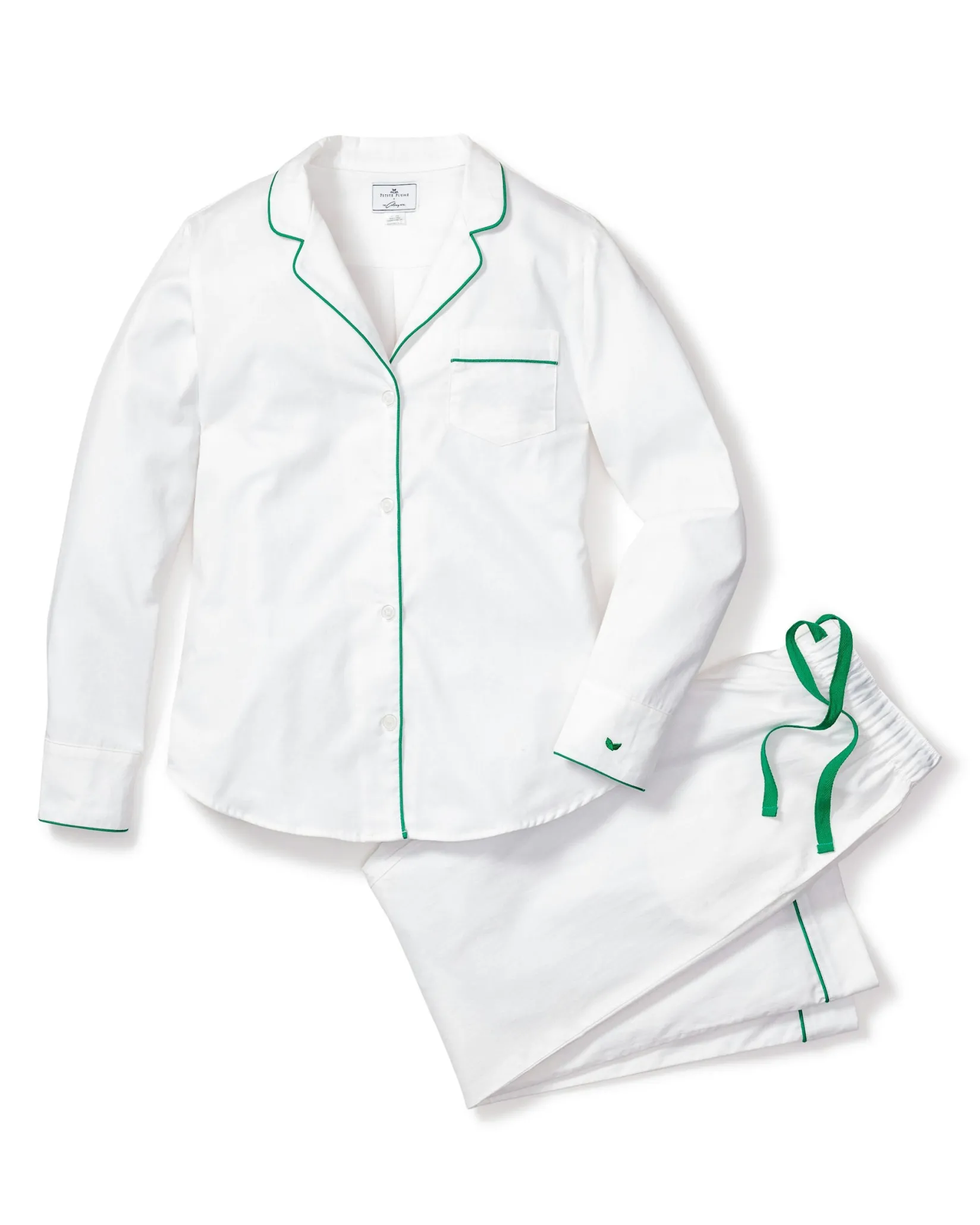 Women Petite Plume Women's Twill Pajama Set in White with Green Piping
