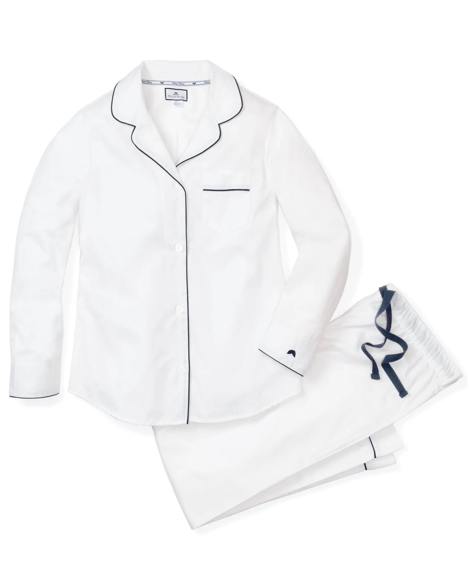 Women Petite Plume Women's Twill Pajama Set in White with Green Piping