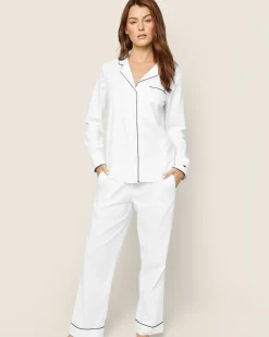 Women Petite Plume Women's Twill Pajama Set in White with Green Piping
