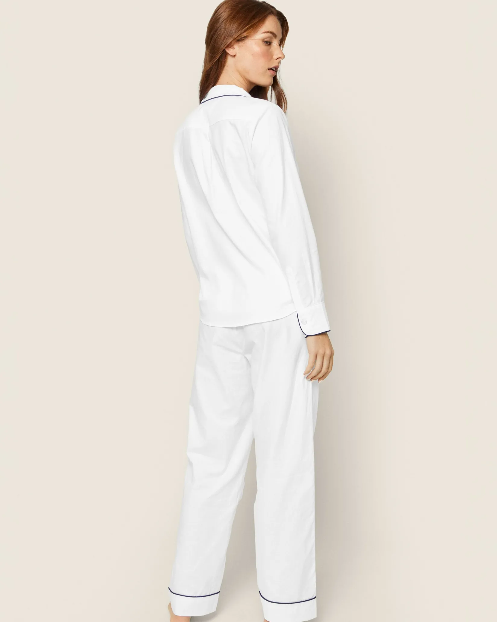 Women Petite Plume Women's Twill Pajama Set in White with Green Piping
