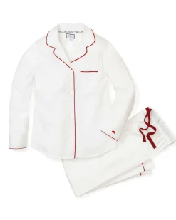 Women Petite Plume Women's Twill Pajama Set in White with Red Piping