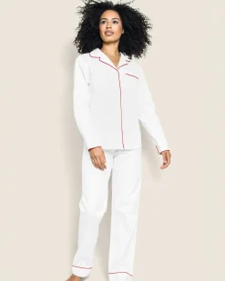 Women Petite Plume Women's Twill Pajama Set in White with Red Piping