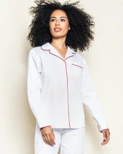Women Petite Plume Women's Twill Pajama Set in White with Red Piping