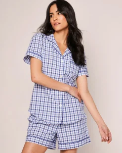 Women Petite Plume Women's Twill Short Sleeve Short Set in Royal Blue Gingham