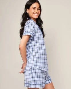 Women Petite Plume Women's Twill Short Sleeve Short Set in Royal Blue Gingham