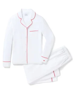 Women Petite Plume Women's White Pima Pajama Set with Red Piping