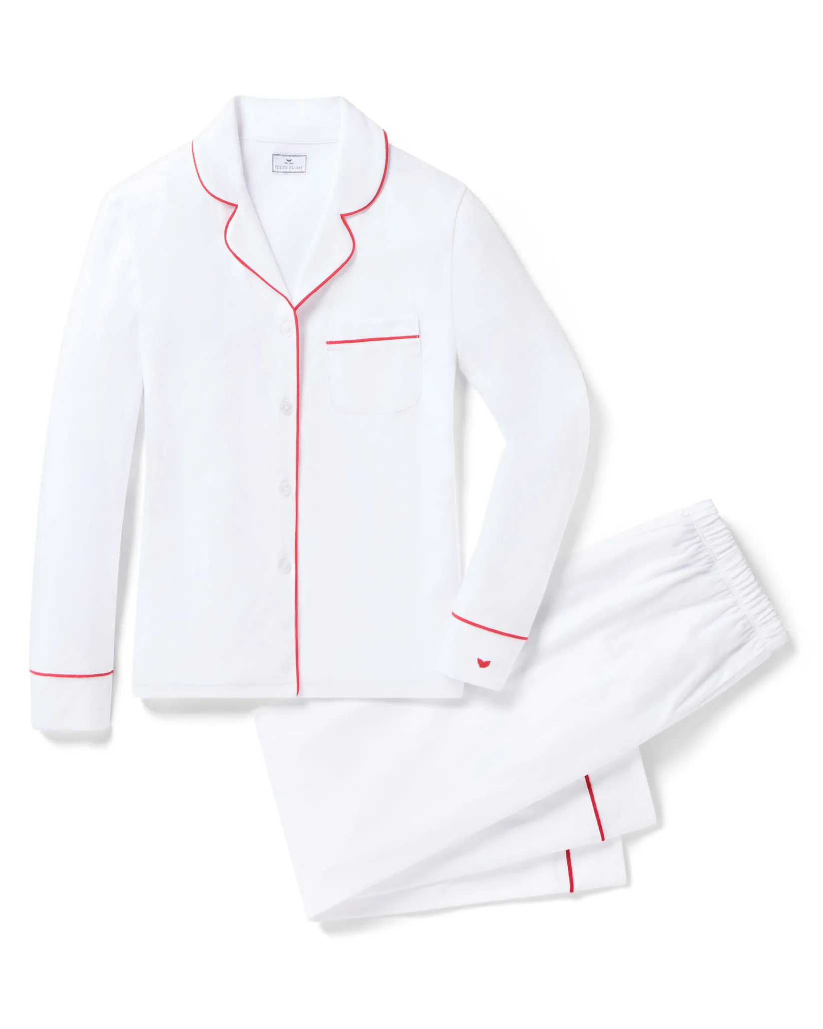 Women Petite Plume Women's White Pima Pajama Set with Red Piping