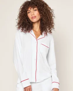 Women Petite Plume Women's White Pima Pajama Set with Red Piping
